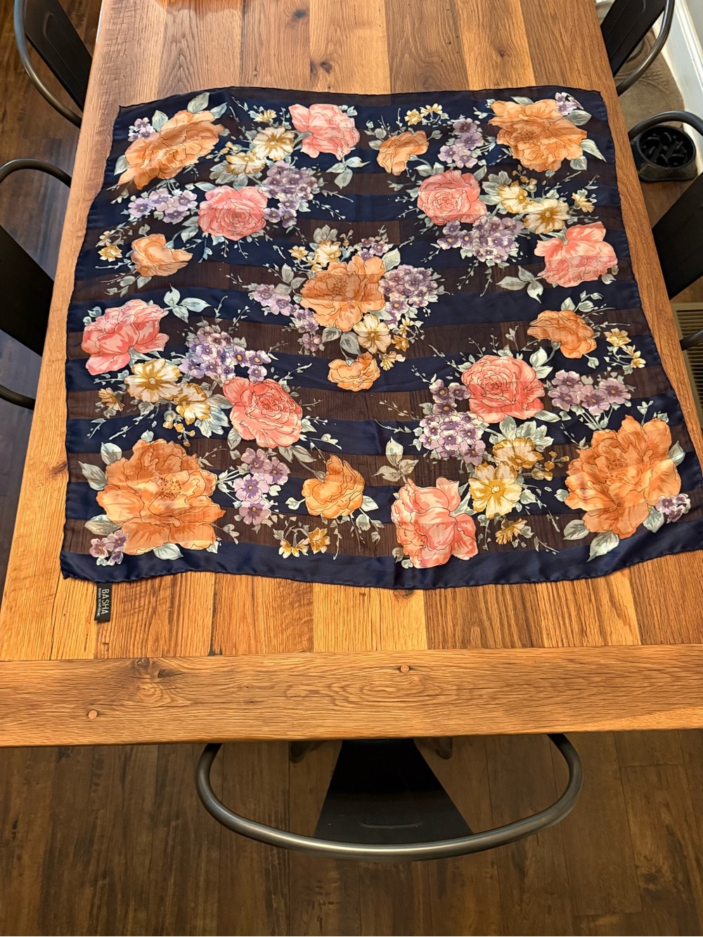 Floral Navy Square Scarf with Peach and Lavender Blooms - Basha Vintage Silk